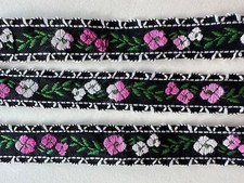 Máquina de trança de fita vintage 1,25 m rosa e branco flores bordada em preto 15 mm W comprar usado  Enviando para Brazil