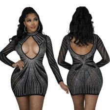 Mini vestido feminino sexy corte baixo manga longa strass bodycon festa noturna clube comprar usado  Enviando para Brazil