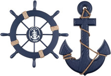 Volante de navio náutico de madeira, leme de navio pequeno e conjunto de decoração de parede âncora comprar usado  Enviando para Brazil