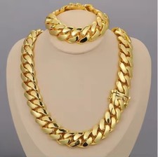 Conjunto de colar e pulseira masculina de corrente longa elo cubano folheada a ouro amarelo 14K 20 mm comprar usado  Enviando para Brazil