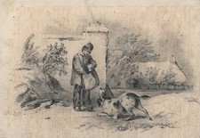 Desenho a lápis antigo - Assinado indistintamente - Figura com cachorro - Século XIX, usado comprar usado  Enviando para Brazil