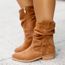 Botas femininas planas de camurça sintética salto baixo salto baixo tornozelo sapatos de cowboy com zíper comprar usado  Enviando para Brazil