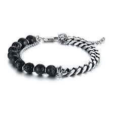 Pulseira masculina de aço inoxidável com contas de pedra de lava preta comprar usado  Enviando para Brazil