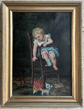 Baby with Toys Original Antique Oil painting, Baby Girl on Chair, Signed Framed comprar usado  Enviando para Brazil