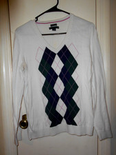 Suéter pulôver feminino Tommy Hilfiger creme grande com gola V frontal Argyle., usado comprar usado  Enviando para Brazil