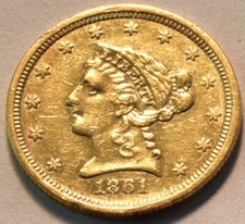 1861 $2.50 Gold Liberty Quarter Eagle detalhes de alta qualidade melhor guerra civil 2 1/2, usado comprar usado  Enviando para Brazil