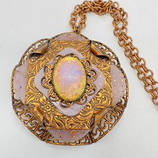 Antigo Colar de Opala Falsa Cabochão de Vidro Folha Rosa Filigrana Traseira Renascimento Vitoriano comprar usado  Enviando para Brazil