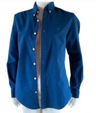 Camisa masculina Tommy Hilfiger azul marinho sarja escovada algodão ajuste personalizado botão tamanho G, usado comprar usado  Enviando para Brazil