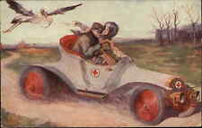 Cartão postal fantasia cegonha perseguindo homem mulher cruz vermelha enfermeira e carro St. John c1910 comprar usado  Enviando para Brazil