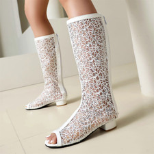 Sandálias femininas de malha oca salto baixo bloco zíper aberto peep toe botas da moda comprar usado  Enviando para Brazil