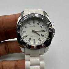Anne Klein Zegarek Damski Srebrny Kolor Okrągła tarcza Biały pasek 37MM Nowa bateria 7,25 cala na sprzedaż  Wysyłka do Poland