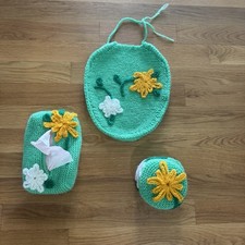 Conjunto de banheiro vintage de crochê tricotado à mão – 3 peças, verde com flores, usado comprar usado  Enviando para Brazil