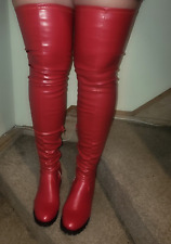 Usado, Botas femininas de couro sintético vermelho coxa alta plana sapatos tamanho UK 9 comprar usado  Enviando para Brazil