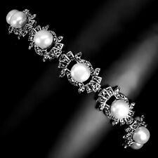Été 925 Argent Bracelet Rond Perle 6mm Marcassite Pierre Précieuse Bijoux 17.8cm comprar usado  Enviando para Brazil