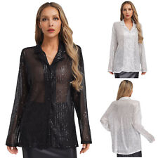 Blusa feminina solta camisa de jantar casaco frente lantejoulas macias casual ajuste de botão comprar usado  Enviando para Brazil