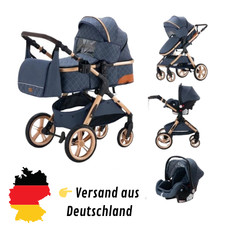 Wózek dziecięcy 3 w 1 z wanną, fotelikiem samochodowym i akcesoriami – składany, granatowy/złoty na sprzedaż Wózek dziecięcy 3 w 1 z wanną, fotelikiem samochodowym i akcesoriami – składany, granatowy/złoty na sprzedaż  Wysyłka do Poland