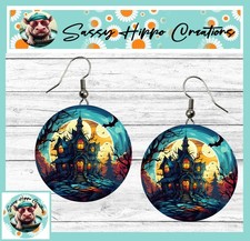 Brincos redondos de prata gancho costas assustador casa assombrada feliz Halloween MDF comprar usado  Enviando para Brazil