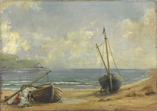 N Fox - Pintura a óleo antiga em painel - Barcos de pesca no litoral do século XIX comprar usado  Enviando para Brazil