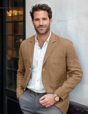 Blazer masculino mistura de linho jaqueta negócios casual botão slim fit terno casaco tops comprar usado  Enviando para Brazil