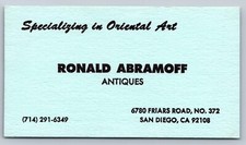 Cartão de visita vintage Ronald Abramoff antiguidades San Diego Califórnia arte oriental comprar usado Cartão de visita vintage Ronald Abramoff antiguidades San Diego Califórnia arte oriental comprar usado  Enviando para Brazil