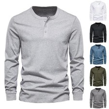 Camiseta masculina casual manga longa vovô Henley gola V botão sólida comprar usado  Enviando para Brazil