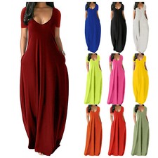 Usado, Vestido maxi feminino solto casual manga curta profundo V verão praia longo vestido de verão comprar usado  Enviando para Brazil