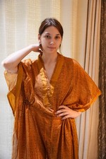 Vestido longo feminino de seda pura Kaftan amarelo-vermelho vestido maxi túnica PS KFN3069 comprar usado  Enviando para Brazil
