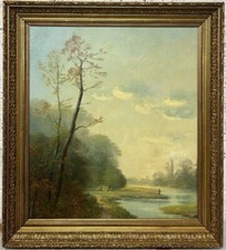 Landscape Scene with Fisherman Tress Nature Original Antique Oil painting,Framed comprar usado  Enviando para Brazil