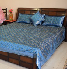 Usado, Conjunto de capa de cama Banarasi étnica indiana tradicional tecido de seda resham brocado azul comprar usado  Enviando para Brazil