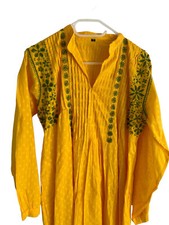 Vestido longo de algodão amarelo maxi Kaftan Dubai Boutique colarinho bordado P, usado comprar usado  Enviando para Brazil