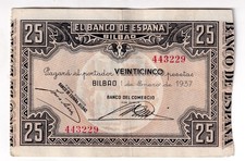 BANCO DE ESPAÑA 25 pesetas 1 enero 1937 BILBAO con antefirma BANCO DEL COMERCIO comprar usado BANCO DE ESPAÑA 25 pesetas 1 enero 1937 BILBAO con antefirma BANCO DEL COMERCIO comprar usado  Enviando para Brazil