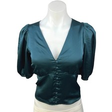 Blusa Abercrombie & Fitch azul seda cetim gola V manga folhada amarrar costas tamanho P comprar usado  Enviando para Brazil