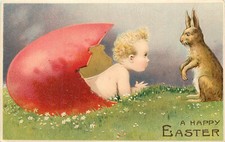 Cartão postal de Páscoa em relevo bebê quebra ovo colorido, relógios de coelho comprar usado  Enviando para Brazil