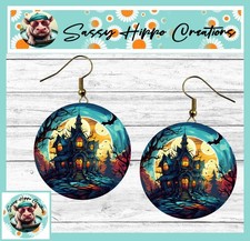 Brincos redondos de ouro gancho costas assustador casa assombrada feliz Halloween MDF comprar usado  Enviando para Brazil