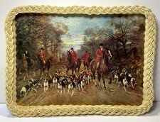 Bandeja de vime e madeira com cena de caça à raposa cães equestres vintage 16”x12” comprar usado  Enviando para Brazil