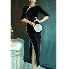 Vestido longo feminino chenille manga curta acabamento de renda vintage Cheongsam Qipao SOLS comprar usado  Enviando para Brazil