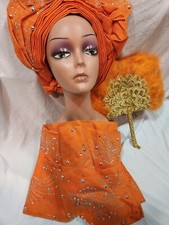 Autogele africano laranja gravata de cabeça combinando ventilador de mão e cachecol ASO OKE  comprar usado  Enviando para Brazil