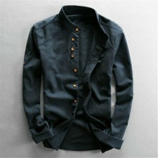 Camisa De Linho Algodão masculino formal Retrô Manga Longa Gola Mandarim botão Sapo comprar usado  Enviando para Brazil