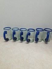 Caneca de cerveja mexicana de vidro soprado à mão aro azul cobalto alça aplicada 16 oz conjunto de 6 comprar usado  Enviando para Brazil