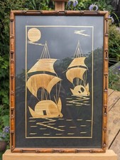 Arte de palha de navio oriental vintage falsa emoldurada em madeira de bambu comprar usado  Enviando para Brazil