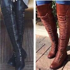 Usado, Botas de equitação femininas acima do joelho com cadarço atadura coxa plana alta combate Reino Unido comprar usado  Enviando para Brazil