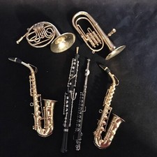 LOTE MINIATURA DE 6 INSTRUMENTOS MUSICALES DE METAL DE LATÓN Y VIENTO CUERNOS COLECCIONABLES RAROS segunda mano  Embacar hacia Mexico