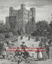 Castelo de Rochester da Inglaterra, Alimentando Pombos no Parque, Grande Estampa Antiga da Década de 1890 comprar usado  Enviando para Brazil