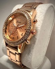 Relógio feminino Geneva 37 mm ouro rosa moldura com pedras preciosas mostrador cronógrafo - Funciona - Veja o vídeo, usado comprar usado  Enviando para Brazil