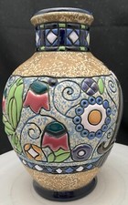 VASO DE CERÂMICA VINTAGE TCHECO ÂNFORA ARTE 8,25", DESIGN DE FLORES, MARCADO, c1925 muito bom estado comprar usado  Enviando para Brazil