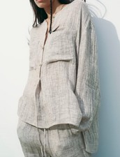 Blusa túnica Zara 100% linho tamanho M creme acinzentado botão frontal texturizado boho top comprar usado  Enviando para Brazil
