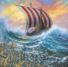 LINDA PINTURA VIKING LONGSHIP ORIGINAL ARTE LONGBOAT NÓRDICA VIKINGS comprar usado  Enviando para Brazil
