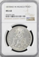 Peso mexicano 1870 Mo M escala de equilíbrio NGC MS60 espetacular brilhante limpo, usado comprar usado  Enviando para Brazil