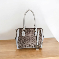 Bolsa de mão Calvin Klein feminina marrom creme assinatura logotipo enfeites CK comprar usado  Enviando para Brazil