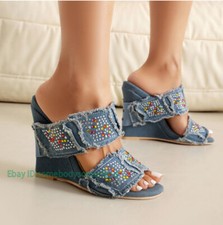Sandálias jeans femininas strass chinelos salto alto anabela mules comprar usado  Enviando para Brazil